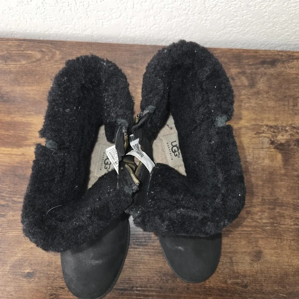 UGG Simmens Boot Women 5.5 Black Waterproof Leather Shearling Moto 1008220
